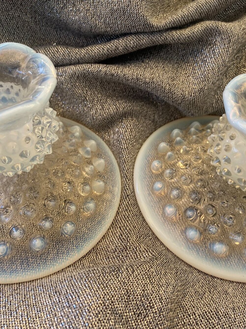 Vintage Opalescent Hobnail Candle Stick Holder - Set of 2
